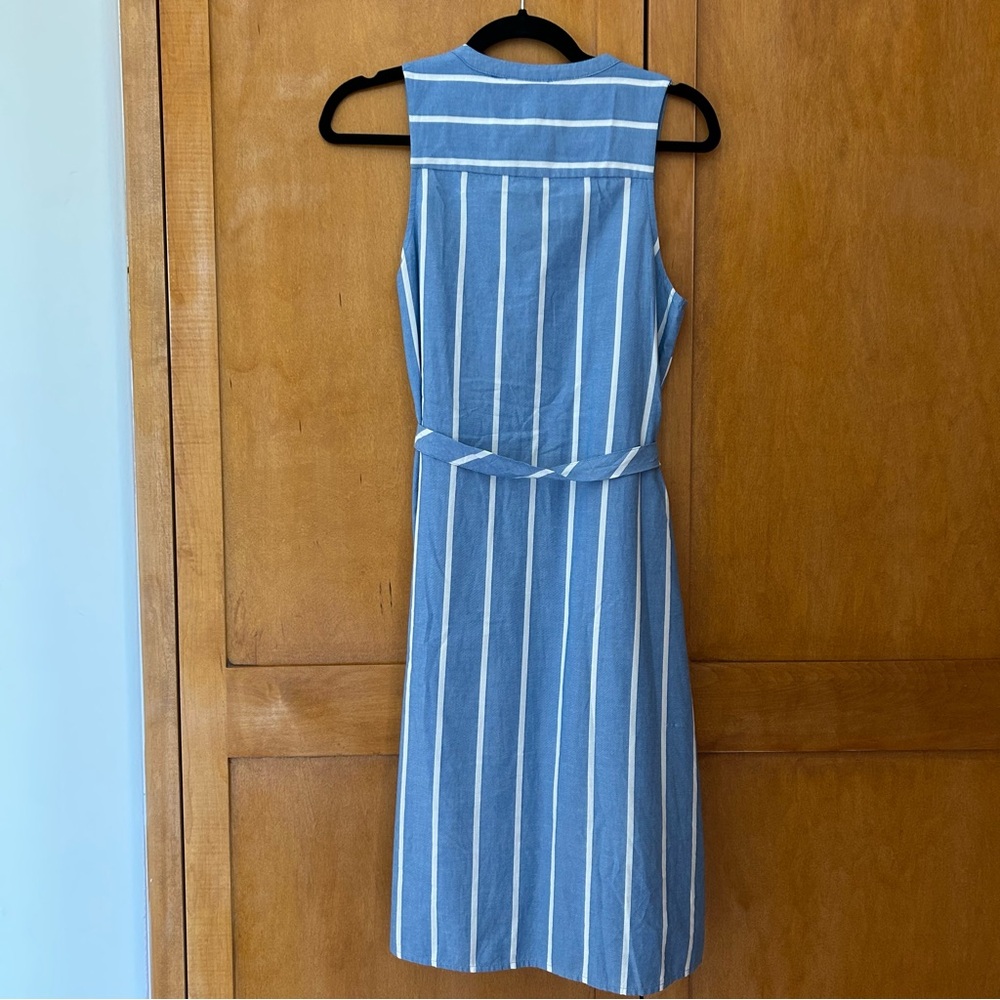 Blue and white stripe shirt dress button up with pockets, waist tie - Picture 6 of 8